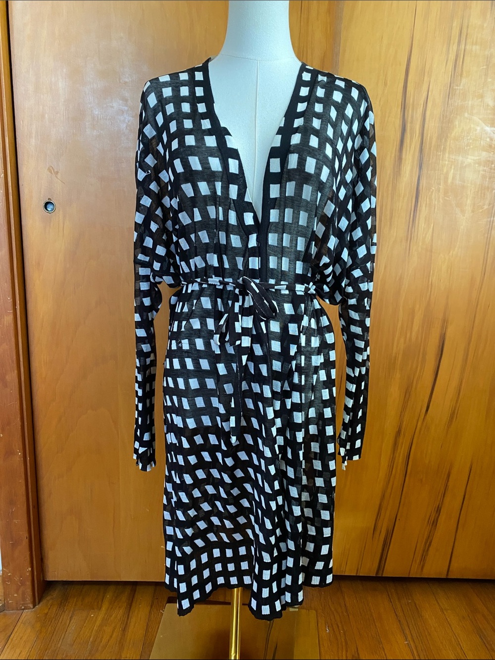 rag & bone Black White Checker Tie-Waist Cardigan Duster Robe Dress Lightweight